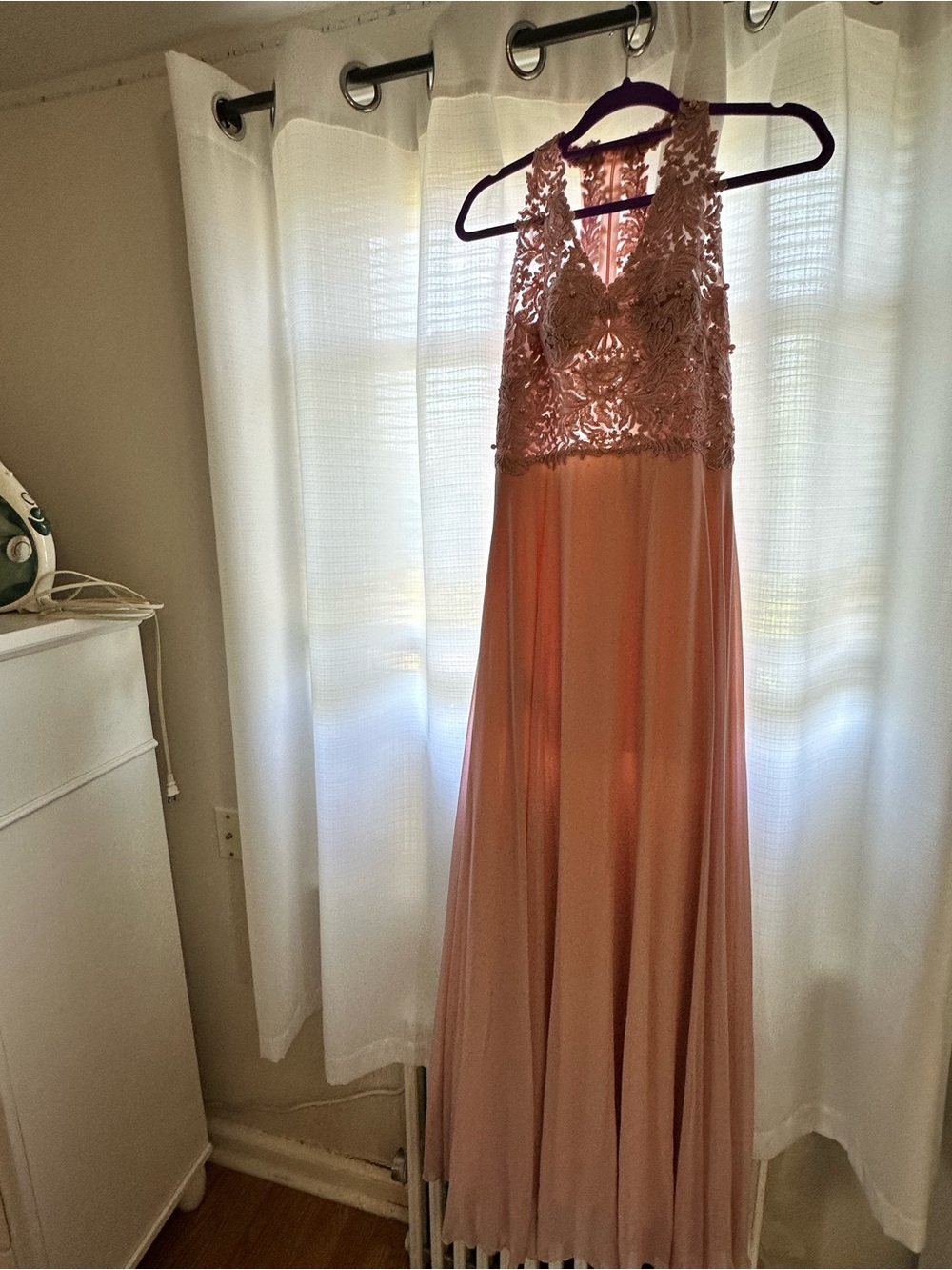 Elegant Blush Pink Lace Bodice Maxi Dress